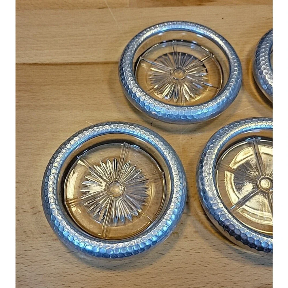 Vintage Coasters Glass Star Starburst Pattern w/ Hammered Aluminum Trim set of 5